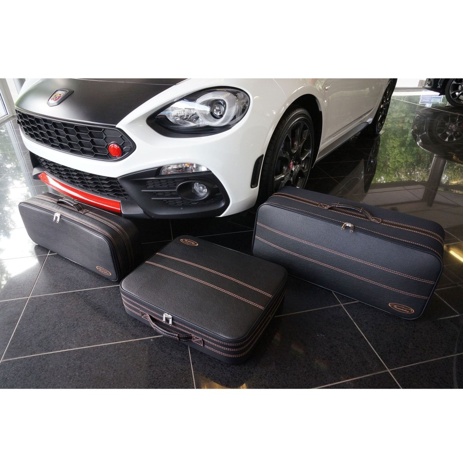 Autokoffer Roadsterbag | Fiat 124 Spider (Eu-Version) - 3-Tlg. Kofferset Kofferraum - Naht Mokka Schwarz