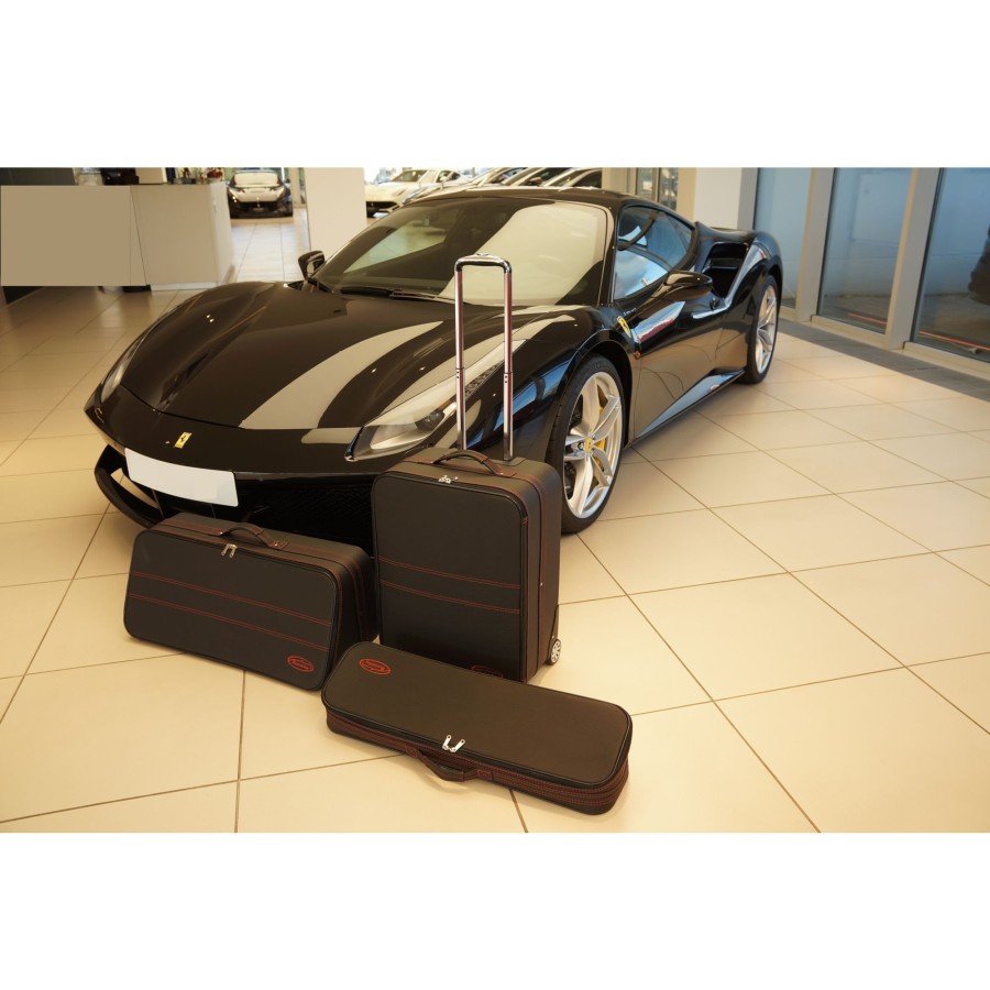 Autokoffer Roadsterbag | Ferrari 458 Italia/Spider + 488 Gtb/Spider (Eu-Version) - 3-Tlg. Kofferset Kofferraum - Rote Naht Schwarz